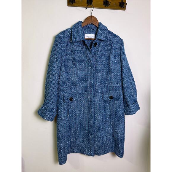 Liz Claiborne Blue Tweed Coat XXL Button Front Long Jacket Classic Lined Chic - Picture 1 of 5